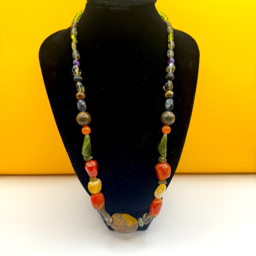 Artisan Beaded Necklace Toggle Clasp Multi Gemstone Glass 21”